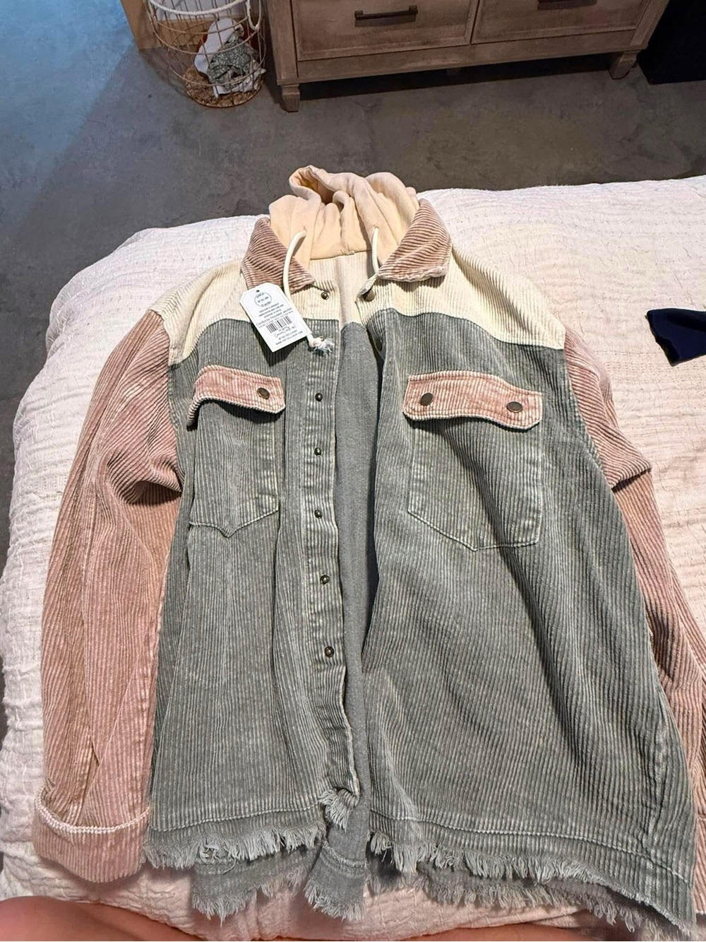 Colorblock Corduroy Hooded Jacket - Pink, Gray & Cream
